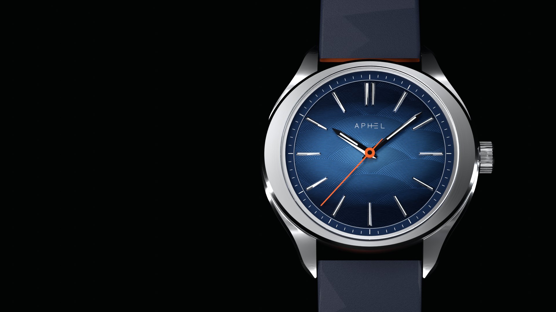 APHEL A01 Ellipse : boîtier acier, cadran bleu à écailles elliptiques, seconde orange, bracelet cuir bleu nuit