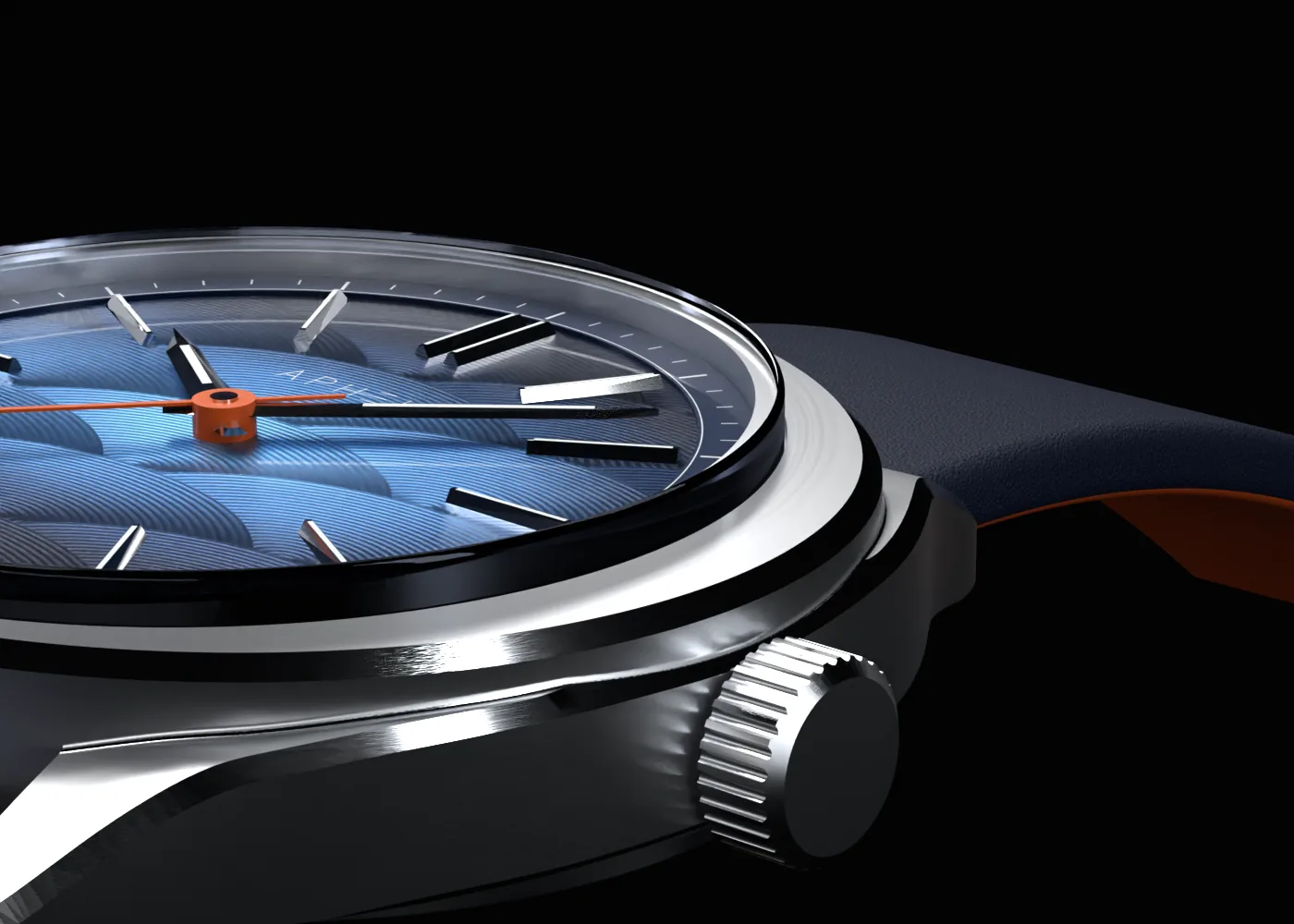 Profil du boîtier et du bracelet cuir bleu nuit, dont la tranche orange apparaît sous le cuir